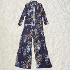ザラ ZARA オールインワン ジャンプスーツ ネイビー ボタニカル 花鳥 Mのサムネイル