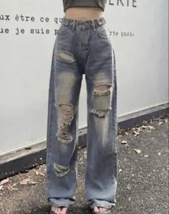SHEIN ワイドレッグダメージジーンズ　ブルーのサムネイル