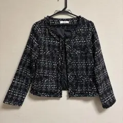 【美品】H/S ノーカラーツイードジャケット M ブラック・ホワイト　セレモニー