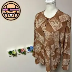 昭和レトロ ノーカラーシャツ 長袖 L相当 総柄 ポリシャツ ヴィンテージ 古着