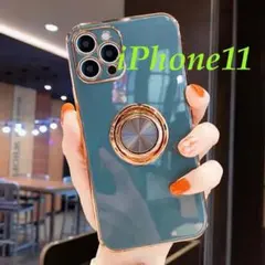 ブルーグレーiPhone11用 スマホケースリング付きカメラカバー一体韓国