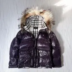 バーバリーブラックレーベル ダウンジャケット ファー ノバチェック 紺 Lサイズ