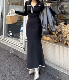 ROYAL PARTY 配色リボンニットマーメイドワンピース ブラック