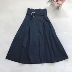 ザラウーマン ロングスカート ベルト付き フレア シンプル ベーシック 無地 紺