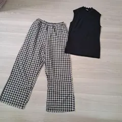 美品!! earth 黒トップス &AsKnowAsチェックのパンツ セット。