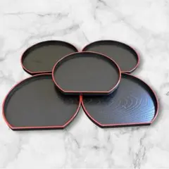 半月盆 漆塗り風合成樹脂 盆 トレー 木目調 黒縁朱 5枚セット ミニお盆