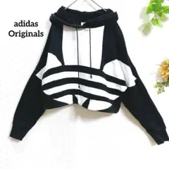 アディダス　スウェット　パーカー　クロップド丈　ビッグロゴ 黒 白　M