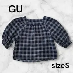 GU シャツ 5分袖 チェック柄 スクエアネックブラウス ギャザーブラウス