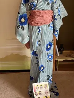 青い花柄浴衣・ピンク帯セット