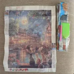 ダイヤモンドアート「月夜の街並みと3匹の猫」30×40cm【ジャンク品】