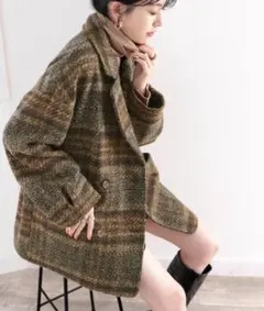 タグあり未使用 ブークレー起毛チェック柄 オーバーサイズ ダブルジャケットコート