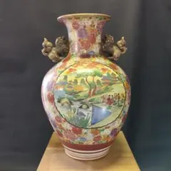 多色装飾 陶器花瓶 獅子彫刻付き