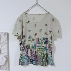 CHELULU 花柄　半袖　Tシャツ　総柄　派手　個性的　カジュアル　クリーム色