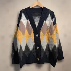 90s UNKNOWN ダイヤモンドパターン ハンドニットカーディガン