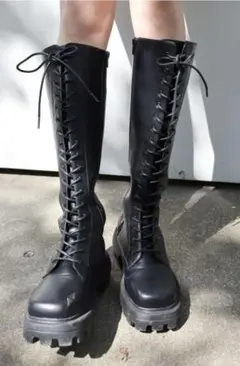 厚底レースアップロングブーツ ブラック