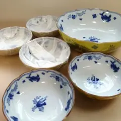 未使用　たち吉　美濃焼　黄地魚藻文　大鉢　小鉢　小皿　セット　黄色