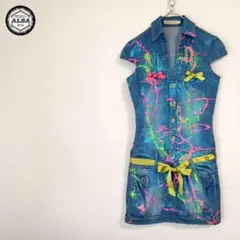 ワンピース　デニム　ペイント加工　ショート丈　ウォッシュ加工　ネオンカラー　青のサムネイル