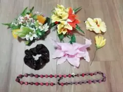 フラダンス用ヘアアクセサリーとネックレスなど 7品セット