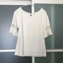 【未使用】Ｖネックレース五分袖カットソー　白サマーニット　M