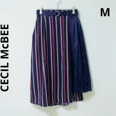 セシルマクビー ロングスカート ネイビー M マルチストライプ フレア ベルト付のサムネイル
