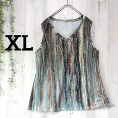 ドット ストライプ チュニック Vネック ノースリーブ XL 茶 水色 綿