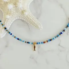 ◻︎ビーズネックレス◻︎チェコビーズ　フィッシュチャーム　ブルー　シンプルネックレス