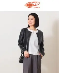 BEAMS HEARTノーカラー フェイクレザー ブルゾン