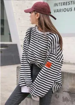 1回のみ着用＊SHEIN＊ワッペン付きボーダーロングTシャツ