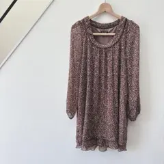 ティーアップ/チュニック/ワンピース/裏地/長袖/透け感/小花柄/総柄/フリル