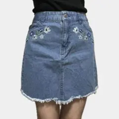 O COLZA コルザ 台形 花柄 刺繍 デニム ミニ スカート