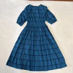 Sunny clouds チェック柄 半袖ロングワンピースM ブルー　青