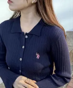 ネイビー リブ編み ポロカラー カーディガン ニット