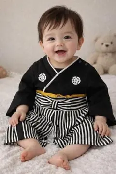 袴ロンパース 80cm 男の子 黒 縦縞
