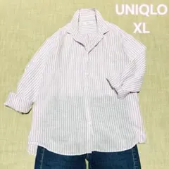 ユニクロ プレミアムリネンストライプシャツ XL ピンク麻100% 大きめ