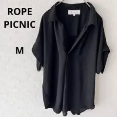 ロペピクニック 半袖シャツブラウス　袖リボン M　襟付きシアーブラウス　ブラック