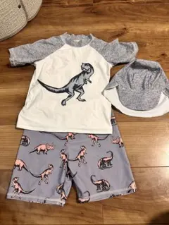 恐竜プリント 水着セット (Tシャツ・ショーツ・帽子)