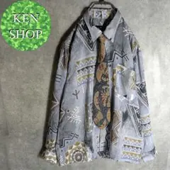 ネクタイシャツ　ライトブルー　デザイン総柄　ヴィンテージ古着