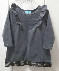 グレー フリル付き 長袖ワンピース