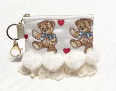 新作　くま柄　インド刺繍リボン　ポーチ　ハートキルト　ヌビ　ファー　ミニポーチ