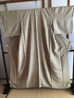 正絹小紋　トールサイズ　ベージュに緑バイアスチェック