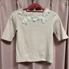 上品レース花×パール付き 半袖リブニット