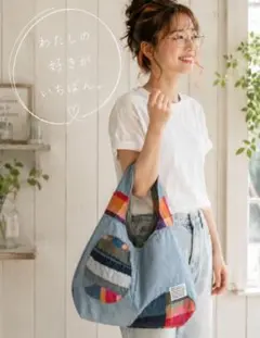 夏に可愛い ✾ ダンガリーデニムリメイク　丸パッチワークトートバッグのサムネイル