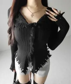 me+em select ダメージフリンジリブニットスリムカーディガン ニット