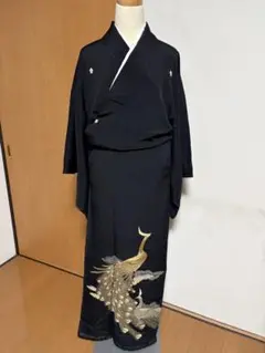 訪問着 フルセット 着物 正絹 平安時代 刺繍 御所車 金彩加工 黒紺 D2