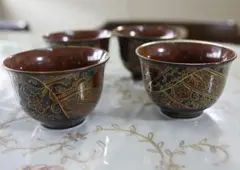 青藍窯　正倉院　茶碗　金彩更紗文 湯呑み 茶器 4客 セット　有田焼