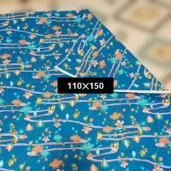 青色花柄プリント綿生地　110✕150