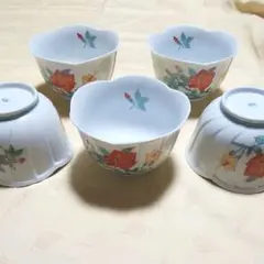 有田焼小鉢　錦ハイビスカス　小鉢揃い　梅型　龍窯　未使用　木箱入り