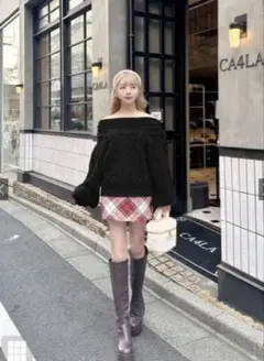 G R L ハートケーブルドロストリボンオフショルダーニットトップス