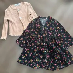 ベビー　花柄コーデュロイワンピース　リブメロウカーディガン　セット　90