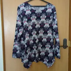 猫柄　薄手ニット地　L程度　ネイビー